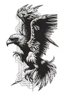 a harpy bird landing on the arm near the shoulder from the back, with shadow made of cross hatching in blocks tattoo design idea