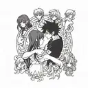 A group of anime characters holding hands in a circle, symbolizing friendship and unity tattoo design idea