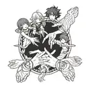 A group of anime characters holding hands in a circle, symbolizing friendship and unity tattoo design idea