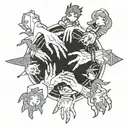 A group of anime characters holding hands in a circle, symbolizing friendship and unity tattoo design idea