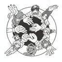 A group of anime characters holding hands in a circle, symbolizing friendship and unity tattoo design idea