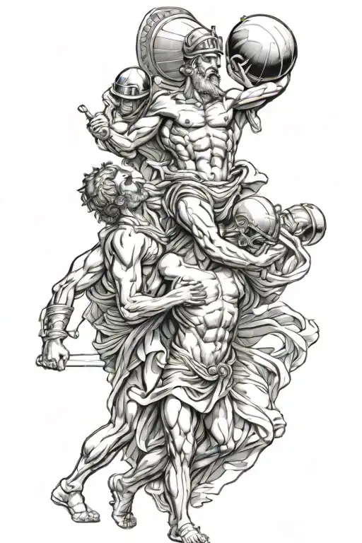 atlas carrying world on his shoulder with dead Greek soldiers below tattoo design idea
