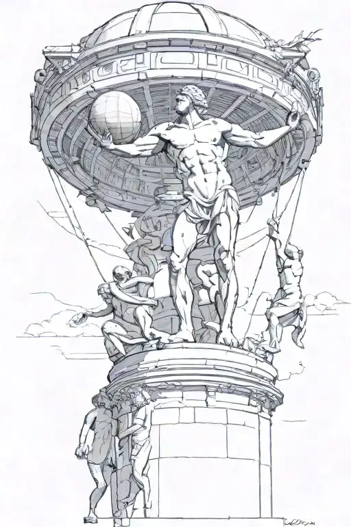 atlas carrying the world on top of Greek stadium with dead soldiers tattoo design idea