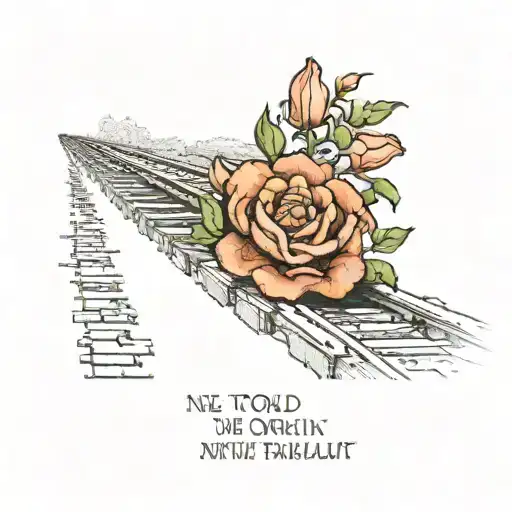 Hadestown, train tracks into a brick wall with the flower and the following saying "To the World We Dream About, and the tattoo design idea