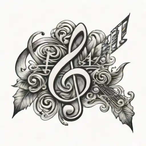 Create a black-grey tattoo of Capo Plaza's signature symbol combined with musical notes tattoo design idea