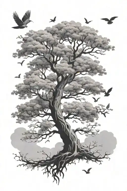 posion tree with birds flying tattoo design idea