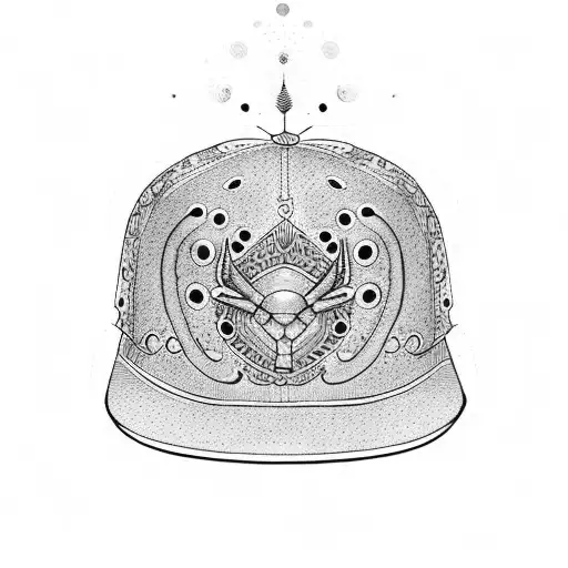 A dotwork tattoo of a gangster-inspired hat with shoes and Sagittarius symbols incorporated into the design tattoo design idea