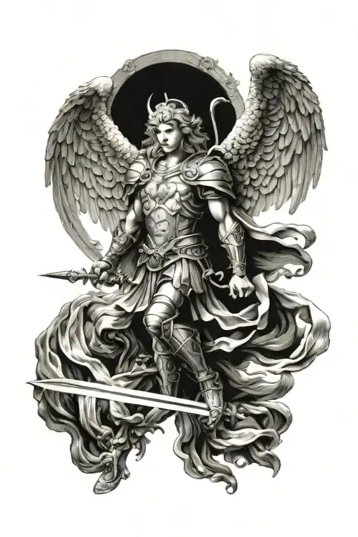 Create a highly detailed, captivating black and white illustration of Archangel Michael as a warrior angel in a Classica tattoo design idea