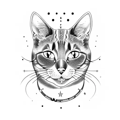 A blackwork tattoo featuring a cat and Gemini constellation intertwined tattoo design idea