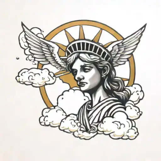 Lady liberty from the gold coin with clouds and rays  tattoo design idea