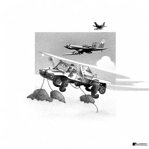 An off-road vehicle driving through a battlefield with fighter planes flying overhead tattoo design idea