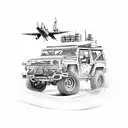 An off-road vehicle driving through a battlefield with fighter planes flying overhead tattoo design idea