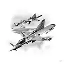 An off-road vehicle driving through a battlefield with fighter planes flying overhead tattoo design idea