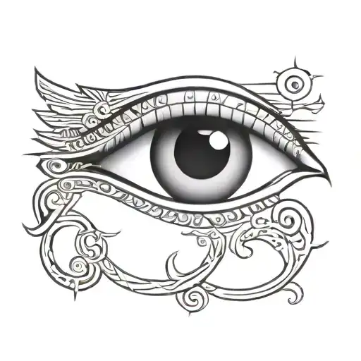 ra eye with hieroglyphs around it, arm design tattoo design idea