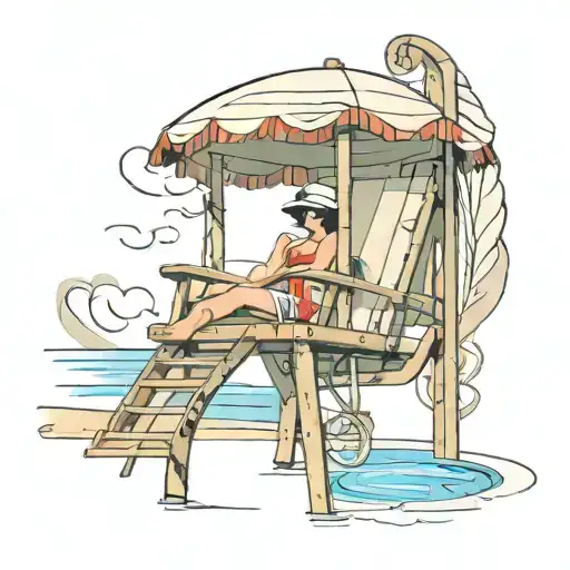 lifeguard chair high off the ground at pool with umbrella sunny tattoo design idea