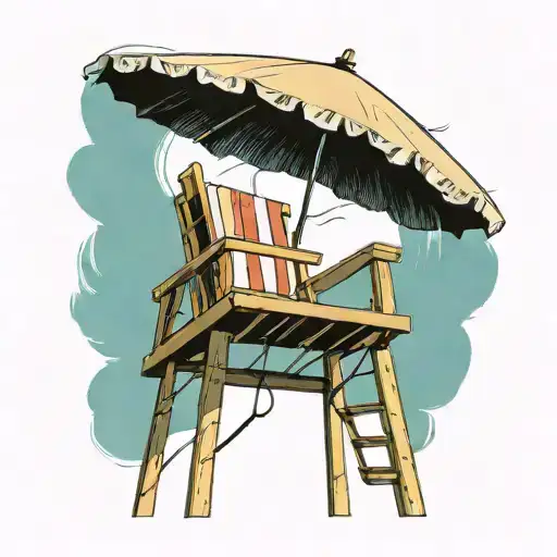 lifeguard stand with one chair high in the air at pool with umbrella sunny tattoo design idea