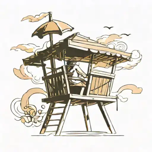 lifeguard stand with one chair high in the air at pool with umbrella sunny tattoo design idea