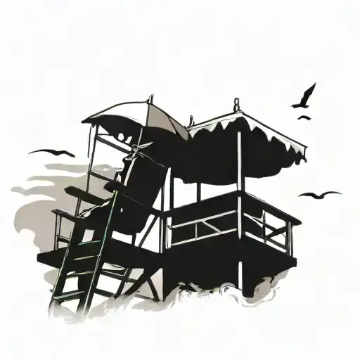 lifeguard stand with one chair high in the air at pool with umbrella sunny tattoo design idea