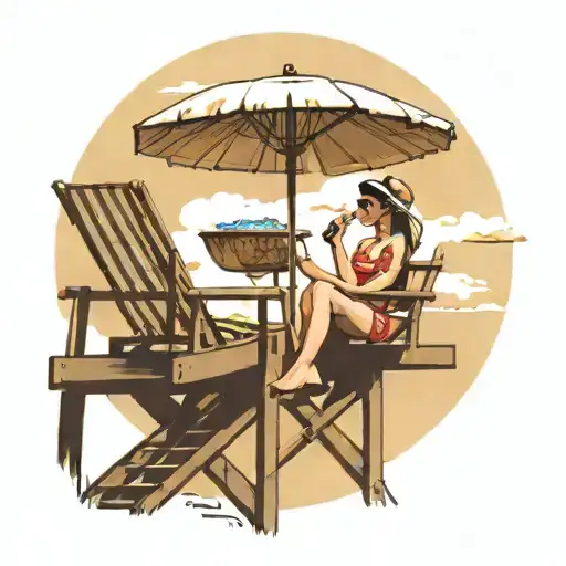 lifeguard stand with one chair high in the air at pool with umbrella sunny tattoo design idea