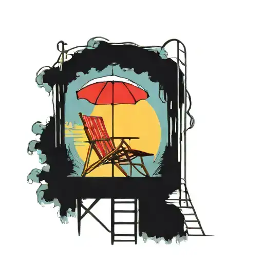 lifeguard stand with one chair high in the air at pool with umbrella sunny tattoo design idea