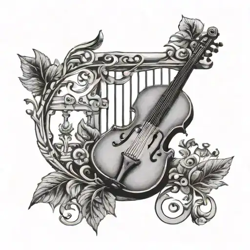 lyre with fig plants on either side view tattoo design idea