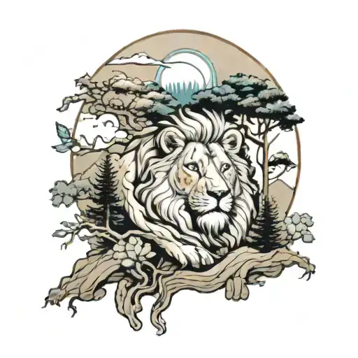 Nature, mountain, tree, lion tattoo design idea