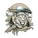 Nature, mountain, tree, lion tattoo design idea