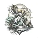 Nature, mountain, tree, lion tattoo design idea