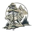 Nature, mountain, tree, lion tattoo design idea