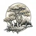 Nature, mountain, tree, lion tattoo design idea