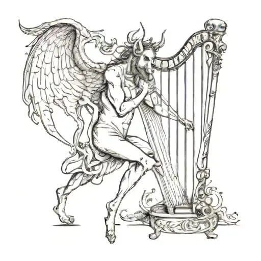 the devil plays the harp at full height tattoo design idea