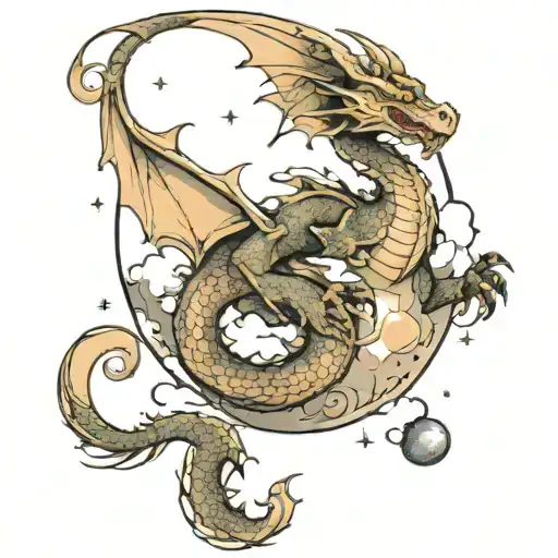 A full-length dragon with two wings, sitting on the moon among the stars, and clouds below tattoo design idea