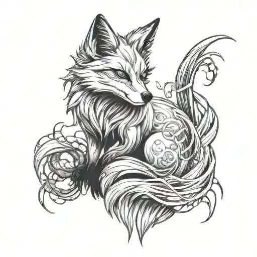 Kitsune fox with nine tails caught in a web tattoo design idea