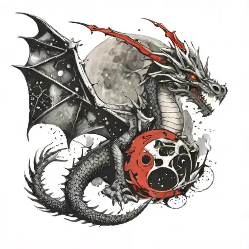 A full-length dragon with two wings, sitting on the moon among the stars, and clouds below tattoo design idea