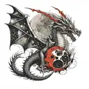 A full-length dragon with two wings, sitting on the moon among the stars, and clouds below tattoo design idea