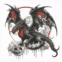 A full-length dragon with two wings, sitting on the moon among the stars, and clouds below tattoo design idea