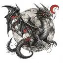 A full-length dragon with two wings, sitting on the moon among the stars, and clouds below tattoo design idea