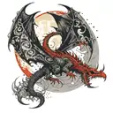 A full-length dragon with two wings, sitting on the moon among the stars, and clouds below tattoo design idea