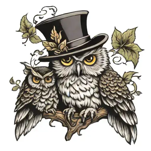 dandy owl perched on a branch with a tophat tattoo design idea