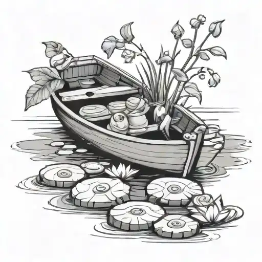 row boat and stepping stones and flowers growing tattoo design idea