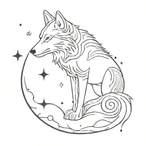 A steampunk-inspired wolf wandering under a starry sky tattoo design idea