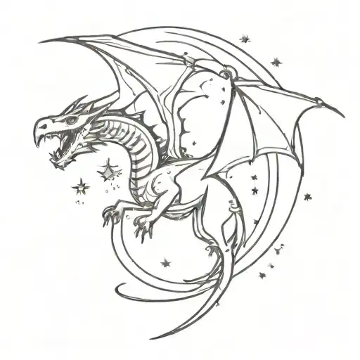 A steampunk-inspired dragon flying through a starry sky tattoo design idea