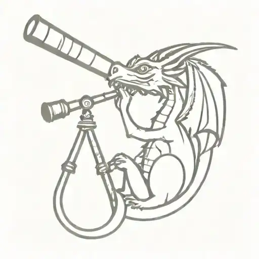 A 1920s-inspired dragon wrapped around a telescope, gazing at the stars tattoo design idea