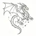 A steampunk-inspired dragon flying through a starry sky tattoo design idea