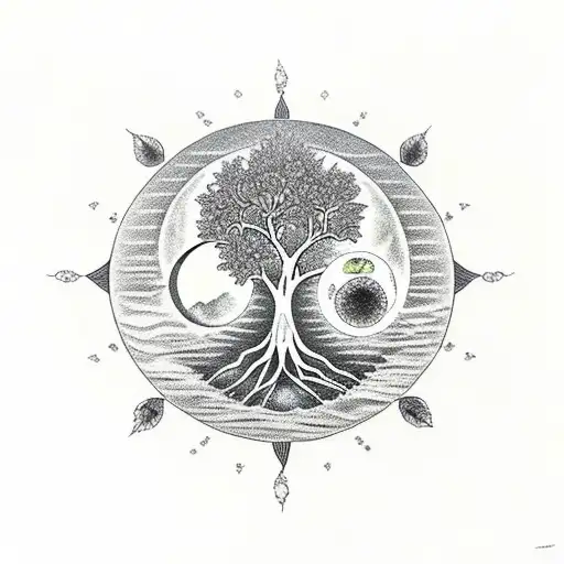 Sun, moon, tree of life, spiritual sturnum tattoo design idea