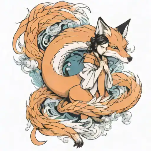 nine tailed fox with korean girl tattoo design idea