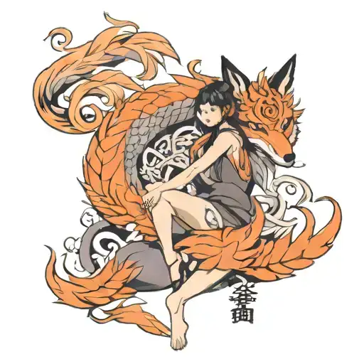 nine tailed fox with korean girl tattoo design idea