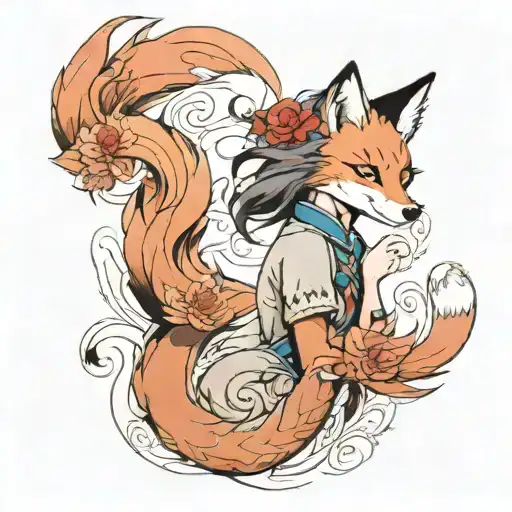 nine tailed fox with korean girl tattoo design idea