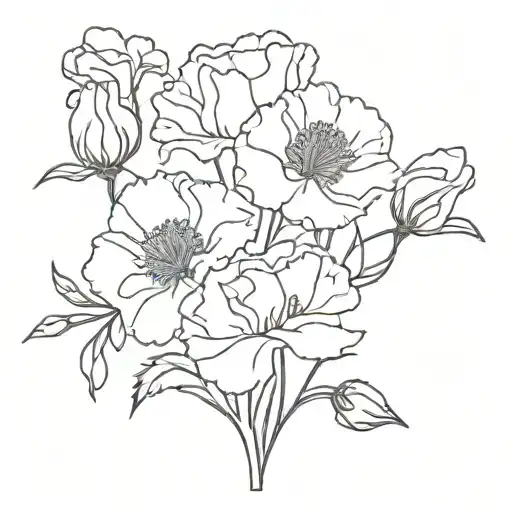 Carnation, Violet and Poppy bouquet tied together tattoo design idea