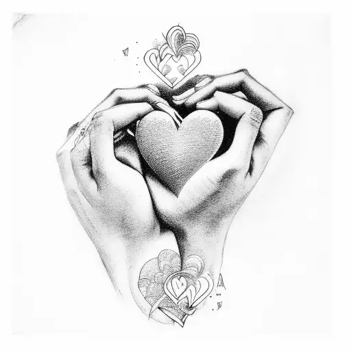 two hands reaching for eachother and a realistic heart in the back ground with the words megan and dae'von forever tattoo design idea